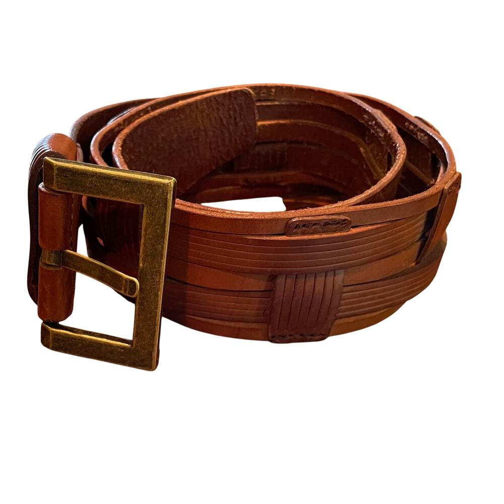Braided / Woven Leather Belt, Brass Buckle, Unisex, Western, Boho, Size Small